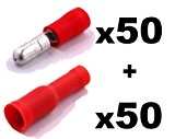 100 x Cosse Electrique Cylindriques Rouge (50x Male et 50x Femelles) - Cosses Electriques (Pour fils jusqu'à 0.4mm to 1mm²) ...