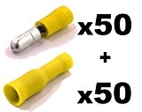 100x Cosse Electrique Cylindriques Jaune - 50x Male et 50x Femelles (Pour fils jusqu'à 2.5mm to 6.5mm²) - LIVRAISON GRATUITE!
