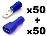 100x Cosse Electrique Plate 6.3 mm Bleue - 50x Male et 50x Femelles (Pour fils jusqu'à 1.1mm to 2.6mmà²) - ...