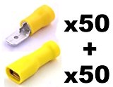 100x Cosse Electrique Plate 6.3 mm Jaune - 50 x Male et 50x Femelles (Pour fils jusqu'à 2.5mm to 6.5mm²) ...