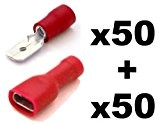 100x Cosse Electrique Plate 6.3 mm Rouge - 50x Male et 50x Femelles (Pour fils jusqu'à 0.4mm to 1mm²) - ...