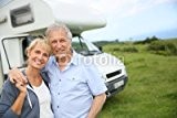 Alu-Dibond 140 x 90 cm: "Happy senior couple standing in front of camping car", Alu-Dibond