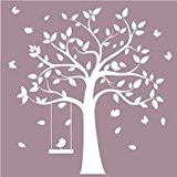 Amovible en vinyle Sticker mural Motif arbre blanc avec motif oiseaux pour chambre fille
