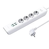 AUKEY Barre Multiprise avec 4 Ports USB et 4 Prises, Cordon d'Alimentation de 1,5 m pour Smartphone, Ordinateur Portable, Tablette, Lampe, ...