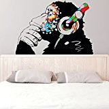 Banksy Décalque Mural Vinyle Singe Avec écouteurs / Chimp écoute to the Musique en Écouteurs / Street Graffiti Art Sticker ...