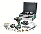 Bosch Boîte à outils incluant Perceuse-visseuse sans fil PSR 18 LI-2 avec embouts et accessoires, 2 batteries et chargeur 0603973307