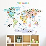 Decowall DLT-1615 Carte du monde Animaux Autocollants Muraux Mural Stickers Chambre Enfants Bébé Garderie Salon