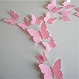 EXIU 12Pcs Stickers Muraux de Papillons 3D DIY Autocollants Décoration Murale Amovible Réutilisable Pour Chambre Salon --Rose