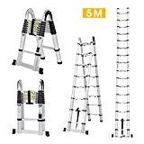 Finether 5 M Échelle Télescopique 2 en 1 Escabeau Pliant Ladder ( Multifonctions, Extendable, Aluminium, Certifié EN131, 150kg Capacité)