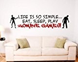 'La vie est si simple... Manger, dormir, jouer Zombie Jeux.' – Gamer Chambre Sticker mural, Black/Burgundy Red, Medium: 40cm x 170cm / ...