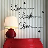 Live every moment,Laugh every day, Love beyond words. with 2x butterfly wall quote art sticker decal for home bedroom decor ...