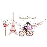 MMRM Amovible Fleur Fée Tour Eiffel Bicyclette Autocollant Mural Décoration Chambre Maison