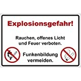 'Panneau "Explosion Danger., ouvert lumière et feu de fumer verboten. en aluminium/Dibond 300 x 200 mm – 3 mm d'épaisseur