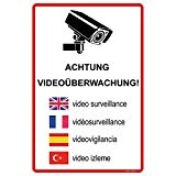 'Plaque signalétique 300 x 200 mm "ATTENTION Surveillance – Vidéo 5 langues, Portrait, stable Plaque en aluminium d'une épaisseur 3 mm d'épaisseur