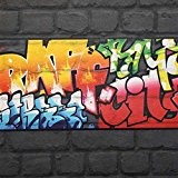 Rasch - Frise Papier Peint Noir/Multicolore - 237900-Graffiti Brique Urbain 25cm