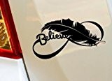 SPB87 Sticker Plume d'oiseau avec inscription "Believe" en vinyle pour voiture, camionnette, ordinateur portable, moto, maison