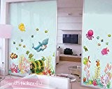 'sticker4u ? Sticker mural mural Monde sous-marin avec coffre au trésor Multicolore | Effet image?: 122 x 68 cm | poissons hippocampe de requin ...
