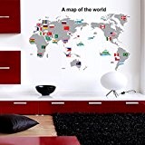 ufengke® Carte du Monde Avec des Drapeaux Nationaux Stickers Muraux, Salle de Séjour Chambre à Coucher Autocollants Amovibles