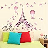 Ufengke® Romantique Tour De Paris Rose Papillon Stickers Muraux,Salle De Séjour Chambre À Coucher Autocollants Amovibles