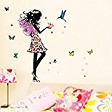 Vovotrade Ange ailes belle fille fleurs papillon fée DIY Stickers Muraux Amovibles Décoration d'intérieur (multicolore)